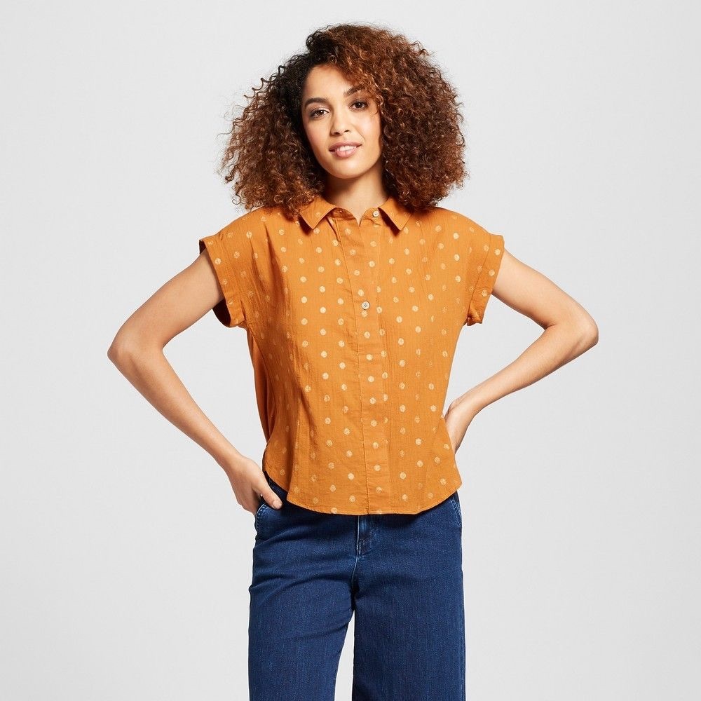 A New Day Rust Gold polka dot top